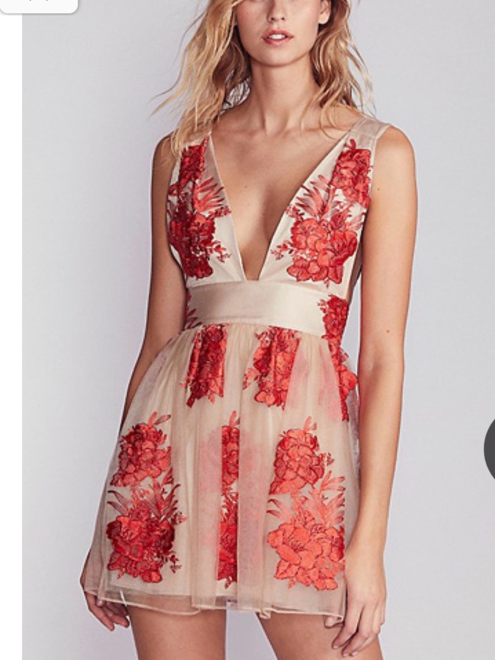 NEW with tags- Free People Nude Mini Dress with Red Floral Embroidery- Medium